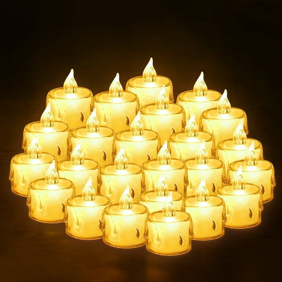 Rirool 24 Pack Flameless LED Tea Lights - Crystal Clear Battery Operated Candles, Warm White Light for Halloween, Christmas, Wedding, Votive (1.5" x 2")