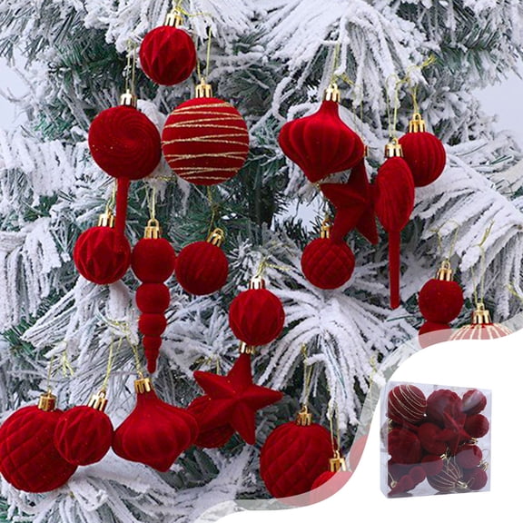 24 Pack Flocked Christmas Balls, Multi‑Shape Suede Assorted Hanging Ornaments with Caps And Ropes, Lightweight Baubles for Christmas Tree Wedding Party Home Mall Holiday Decor