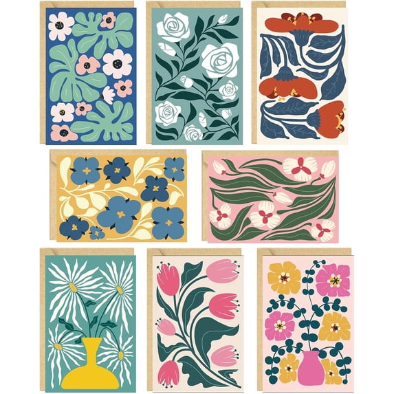 24 Pack Floral Blank Cards with Envelopes, 8 Abstract Flower Designs Greeting for Wedding, Baby Shower, Business and All Occasions, 4x6 in