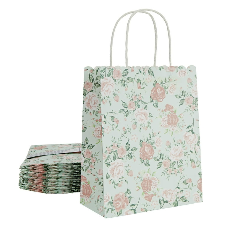 24 Pack Floral Gift Bags 8x4x10 Inch Medium Size Gift Bags with Handles Paper Bags with Colorful Rose Flower Print Green