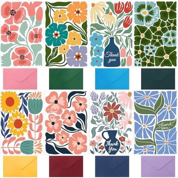 24 Pack Floral Thank You Cards with Envelopes 8 Floral Greeting Cards Bulk with Envelopes & Stickers, 4x6 Inch Blank Inside Note for Birthday, Wedding, Baby Shower, Thanksgiving, Business$$Office