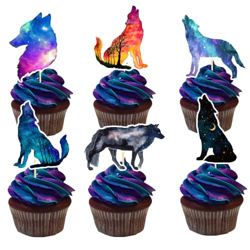 24 Pack Galaxy Wolf Cupcake Toppers Starry Sky Wolf Cake Decorations