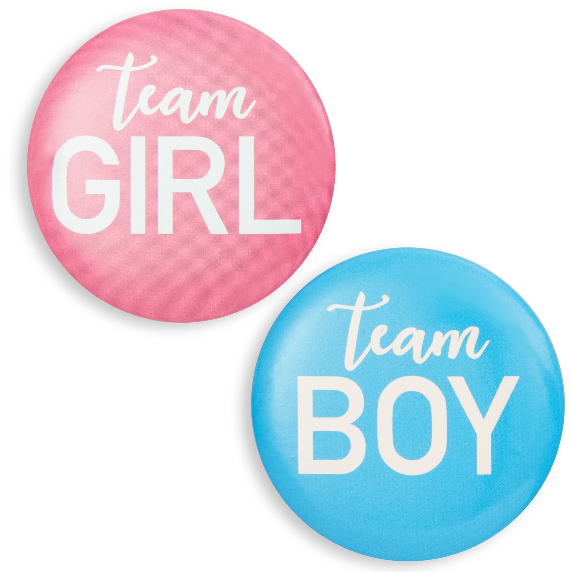 JUVALE 24 Pack Gender Reveal Pins for Party Supplies, Blue and Pink Team Boy Team Girl Buttons (2.25 In)