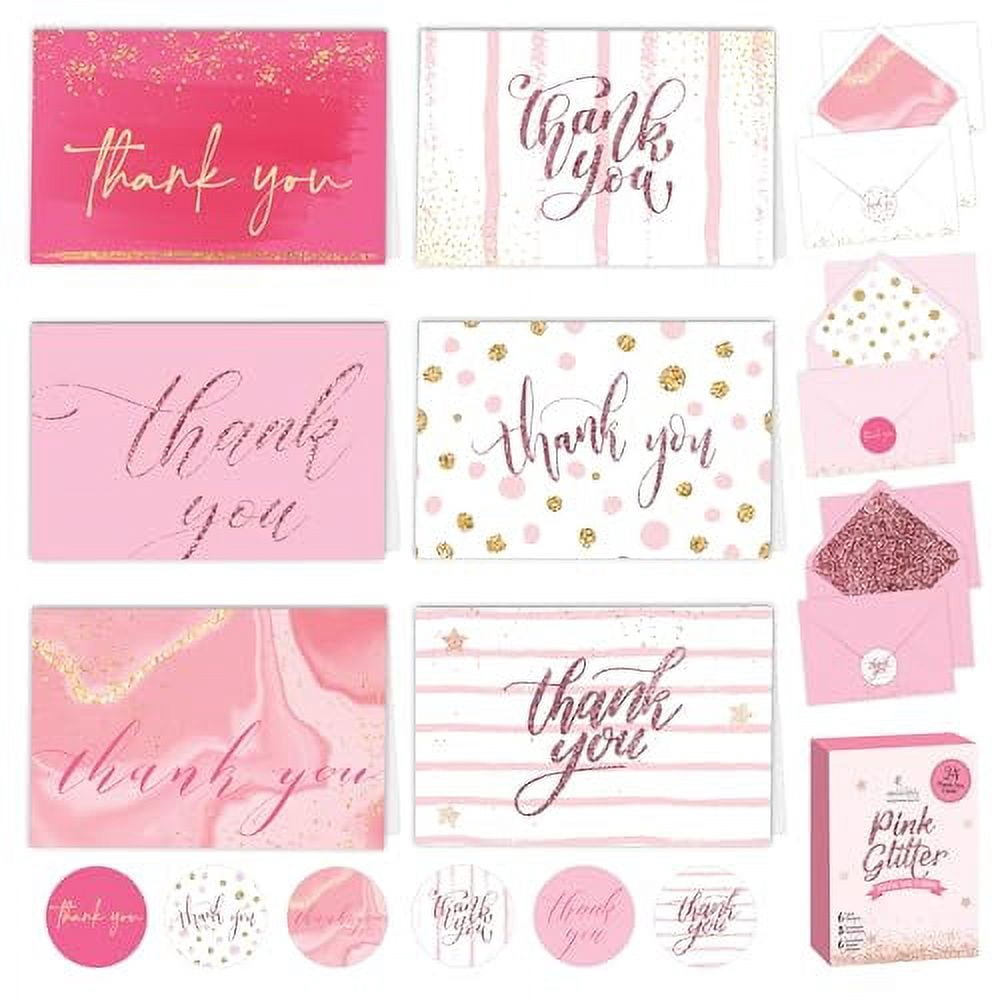 24 Pack Glittery Pink Thank You Cards with Envelopes & Stickers - 6 ...