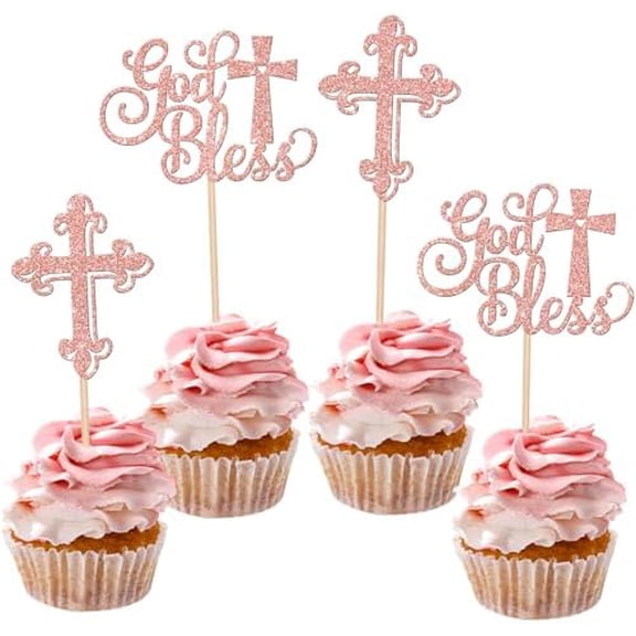 24 Pack God Bless and Cross Cupcake Toppers Glitter First Communion Cupcake Picks Decorations for Babyshower Christian Baptism Party Cake Decorations Rose Gold