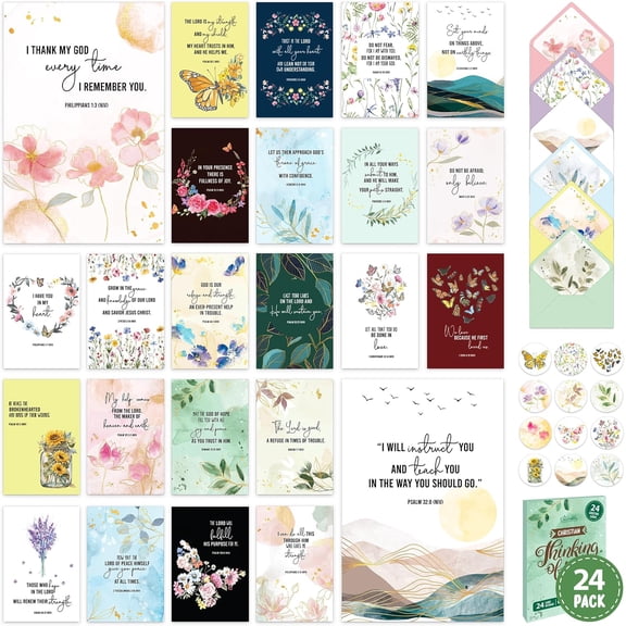 24 Pack Gold Foil 4x6in Christian Thinking of You Cards | Envelopes & Stickers, 24 Designs Thinking of You Cards Religious Folded for Loved Ones, Printed Message Inside - Gifting