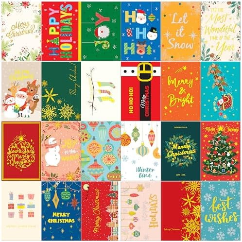 24 Pack Gold Foil Glitter Christmas Cards with Envelopes and Stickers, 4 x 6 inch 24 Designs Christmas Cards Bulk for Friends, Family, Kids