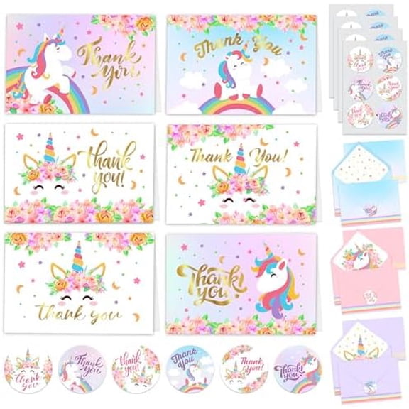 24 Pack Gold-Foiled 6x4in Unicorn Thank You Cards with Envelopes and Stickers, 6 Adorable Designs for Friends, Family and Loved Ones, Blank Inside - Baby Shower, Birthday, Gifting, Mailing