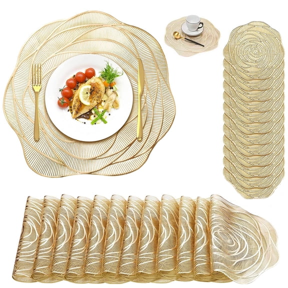 24 Pack Gold Pressed Vinyl Placemats, 15 Inch Non-Slip Washable PVC Place Mat, Including 12 Placemats and 12 Coasters for Dining Table, Wedding, Party, Rose Flower Shape