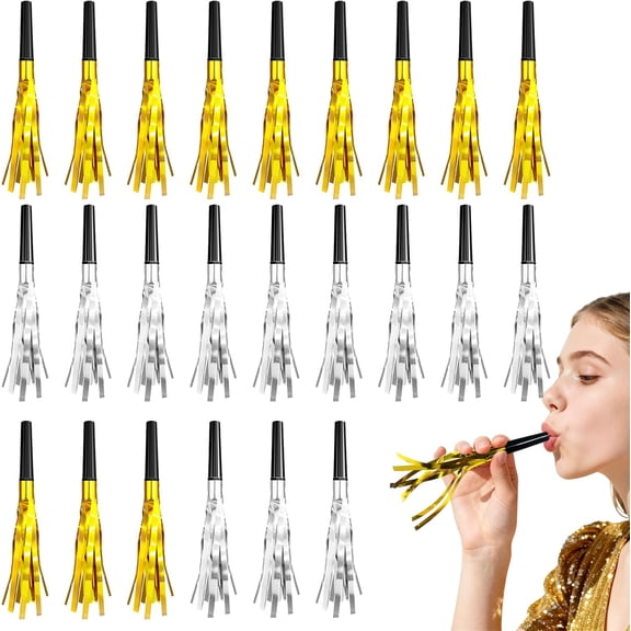 24-Pack Gold and Silver Noise Makers | Elegant Glitter & Metallic Fringed Party Blowers for Adult Events  Birthday, Graduation, Sports & New Years Favors