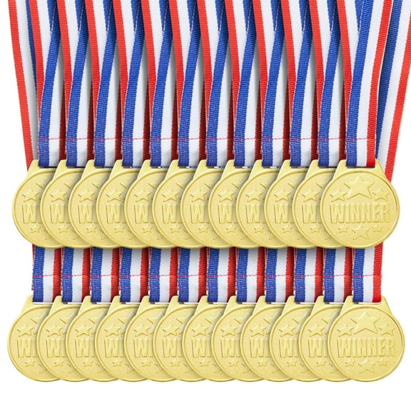 Juvale Gold Medals for Awards & Trophies - 1.5in Diameter, 15.3in Ribbon, 24 Pack - Gold Medals for Kids & Adults - Sports, Academics & Spelling Bees