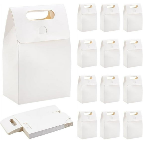 24 Pack Goodies Boxes Party Treat Boxes White Gift Boxes with Handles Goodies Favor Boxs Kraft Party Favor Boxes for Christmas Candy Cupcake Cookies 3.7x5.9x2.1 inch