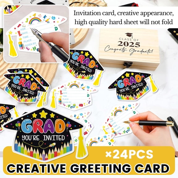 24-Pack Graduation Party Invitation Cards, Fill-in-the-Blank Design with Graduation Cap, Includes Envelopes, for Kids' Ceremony
