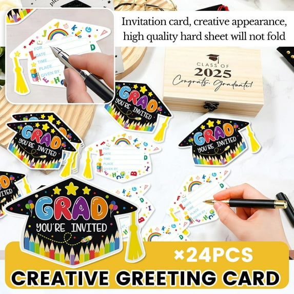 24-Pack Graduation Party Invitation Cards, Fill-in-the-Blank Design with Graduation Cap, Includes Envelopes, for Kids' Ceremony