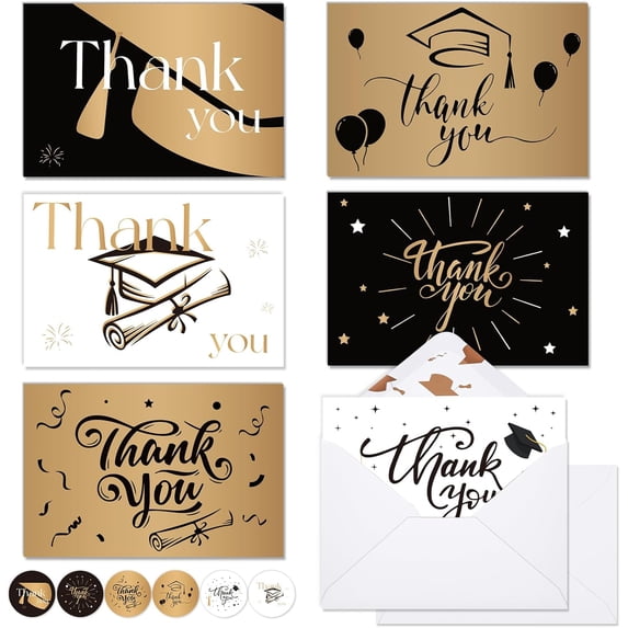 24 Pack Graduation Thank You Cards 2026 with Envelopes and Stickers, 4" x 6" Thick and Blank Grad Thank You Cards Notes for High School College, 6 Elegant Designs