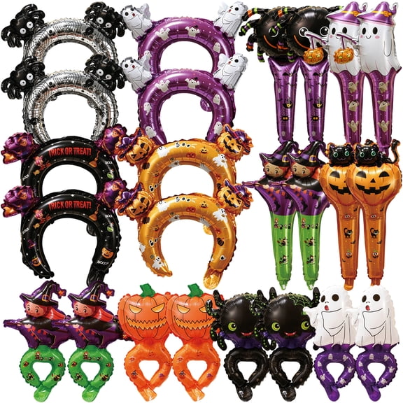 24 Pcs Halloween Foil Balloons Set, Including 12 Styles Headband Wrist and Handheld Balloons, Halloween Photo Props, Trick or Treat Party Favors
