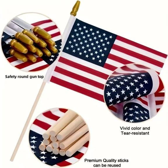 24 Pack Handheld Small Flag Poles with Wooden Sticks, Gold Pointed Plastic Ferrules, Semi-Gloss Polyester Flags for Parade, Event, Patriotic Decoration, Waving Set (10x15cm/4x6in Polyester Flags)