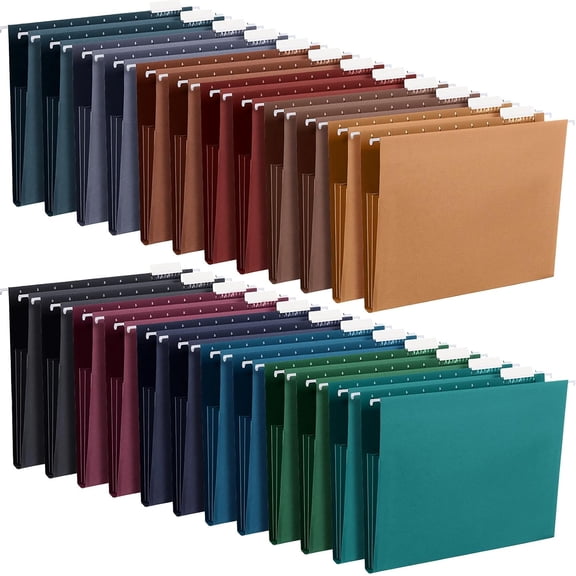 24 Pack Letter Size Hanging File Folders with 3-Pleat Construction, Adjustable 1/5-Cut Top Tabs, Expandable to 3.5 Inches, Dark Color Assortment