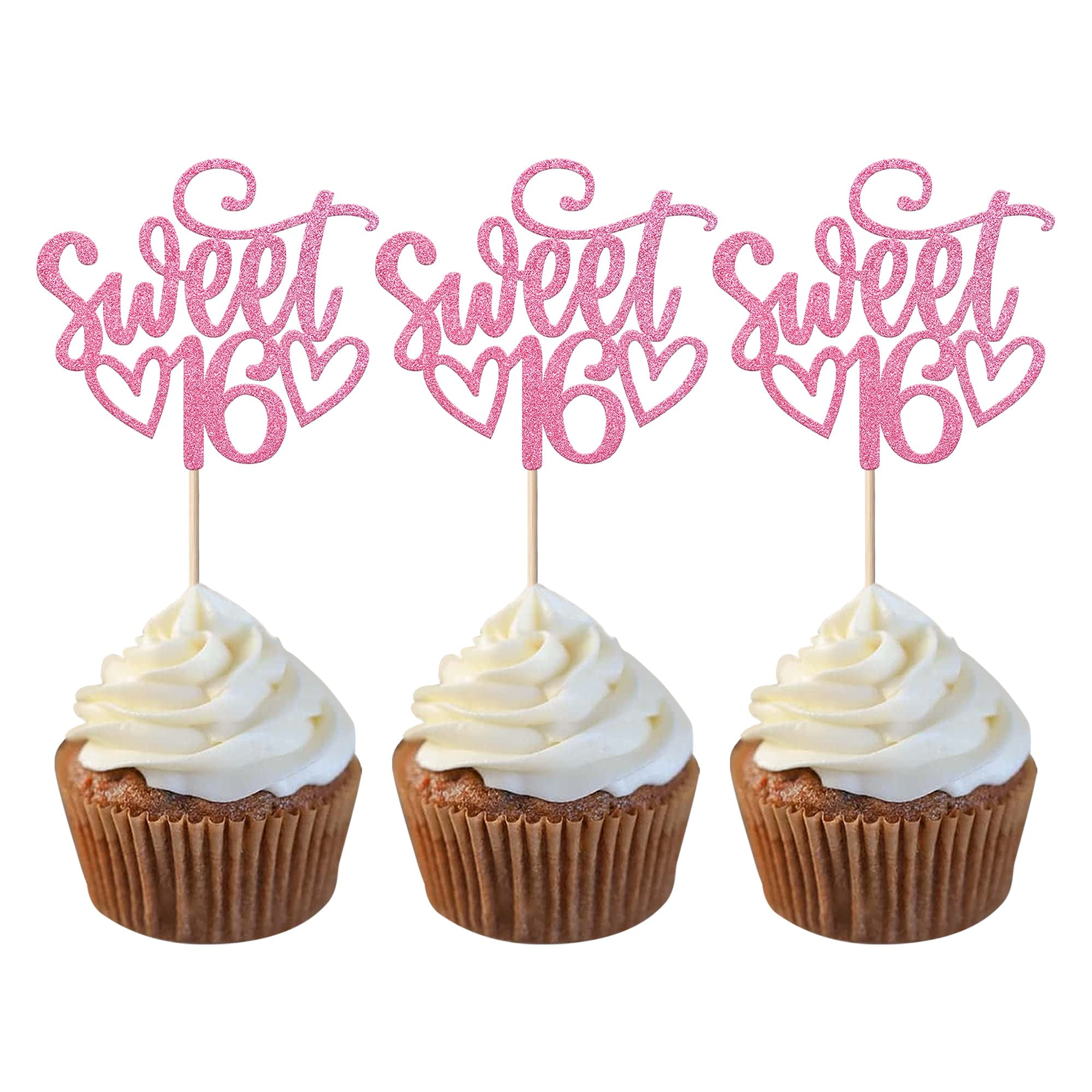 24 Pack Happy Sweet 16 Cupcake Toppers Glitter Sixteen 16th Birthday Cupcake Picks Cheers to 16 Years Old Cupcake Decorations for 16th Birthday Anniversary Party Cake Decorations Supplies Pink