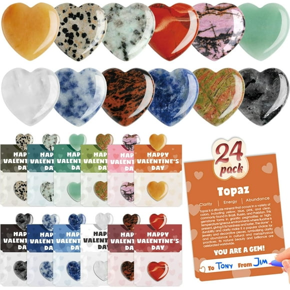 24 Pack Heart-Shaped Natural Gemstone Valentine's Day Cards - Real Crystal Rock Stone Exchange Set - Unique Mineral Collection & Educational Greeting Cards - Romantic Holiday Party Favors