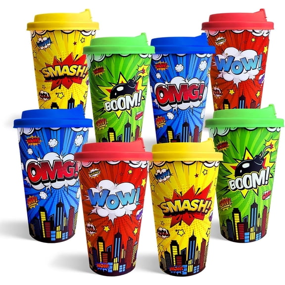 24 Pack Hero Themed Party Cups with Lids - 16oz Reusable Plastic Tumblers for Kids Birthday, Red Blue Yellow Green Drinking Cups for Comic Hero Party Decorartions Favors Supplies