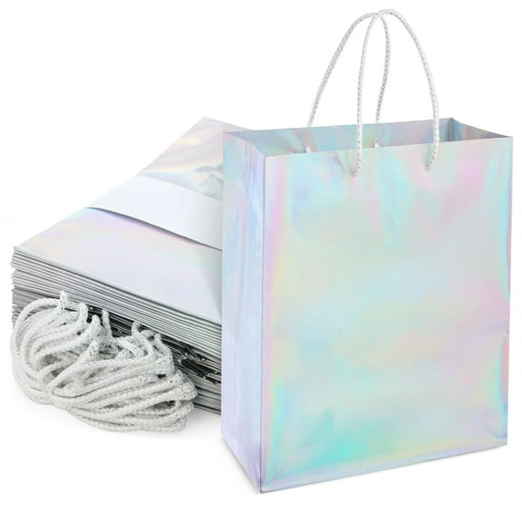 BLUE PANDA 24 Pack Holographic Silver Gift Bags with Handles, 8x4x10 Inch for Wedding, Birthday, Retail, Small Business, Shopping
