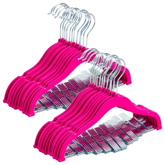 Juvale Kids Hangers with Clips - 12 in, Hot Pink, Velvet, 24 Pack - Nonslip & Space Saving Pink Hangers with Clips & 360° Swivel Hooks