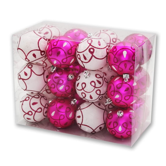 24 Pack Hot Pink and White Loop Design Ball Ornaments