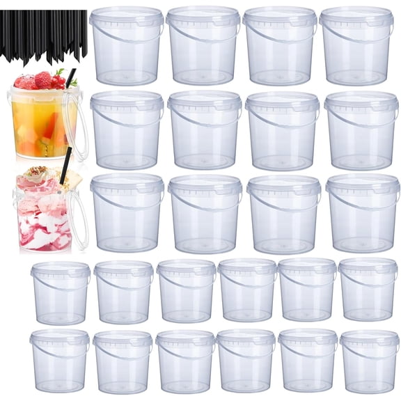 24 Pack Ice Cream Bucket with Lids and Handles, 25OZ/ 33OZ Clear Plastic Rum Bucket Cocktail Drinks Containers, Plastic Food Storage Pail Tub for Summer Cold Drink Beach Parties