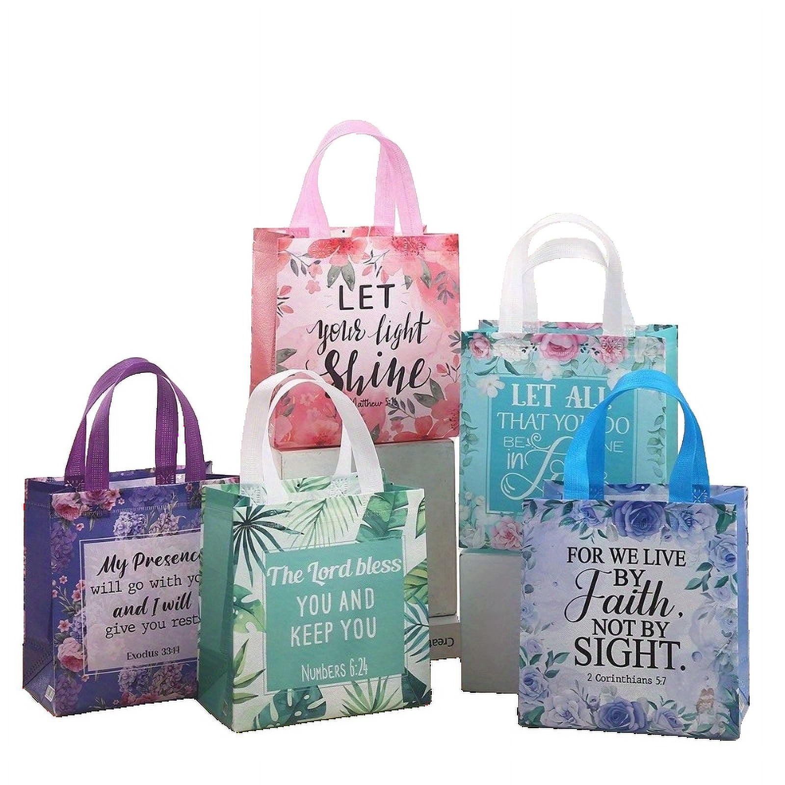 24-Pack Inspirational Bible Verses Flower Tote Gift Bags With Handles, Religious Reusable Non-Woven Polypropylene Bags For Christian Baptism, Women's Wedding Birthday Gift Wrapping, Christmas