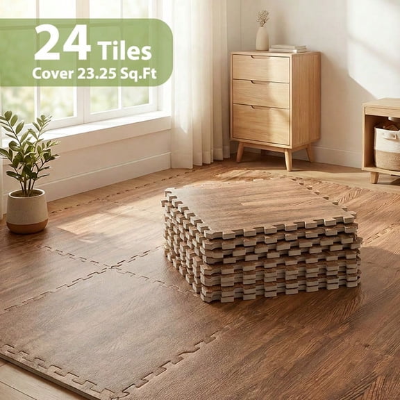 24-Pack Interlocking Wood-Grain Foam Floor Tiles, with Border Edges for Home Gym, Basement, and Exercise Flooring