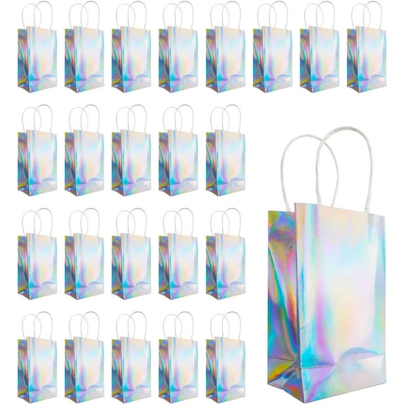 24 Pack Iridescent Gift Bags with Handles Holographic Party Favor Bags for Birthday Graduation Wedding Baby Shower Reusable 8.3x5x3.2 inch