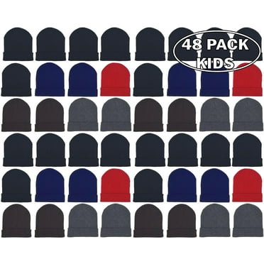 24 Pack Kids Beanies, Cuffed Winter Knit Hats for Boys Girls, Soft Thick Heat Insulating, Bulk (Assorted A)