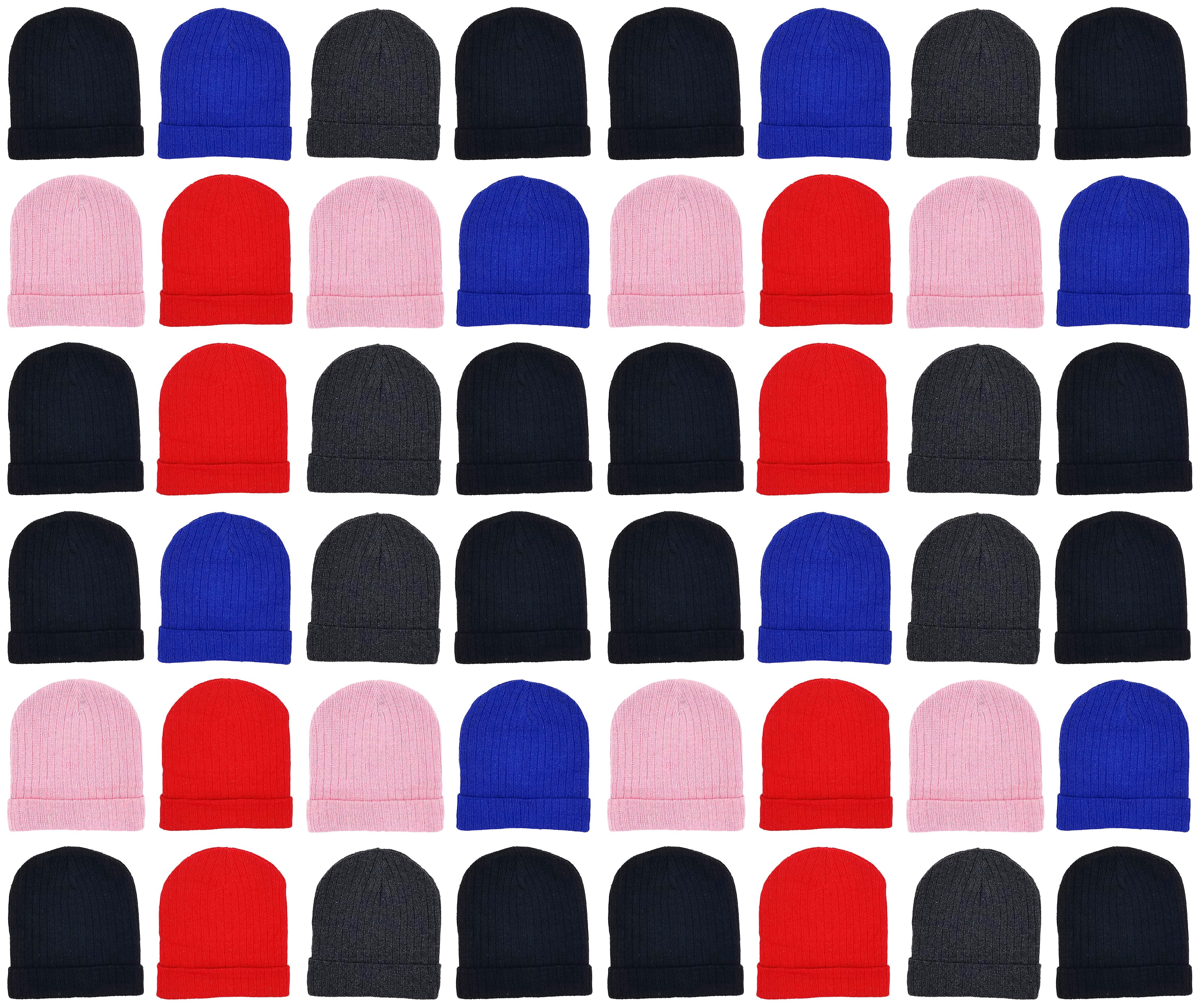 24 Pack Kids Beanies, Cuffed Winter Knit Hats for Boys Girls, Soft Thick Heat Insulating, Bulk (Assorted C)