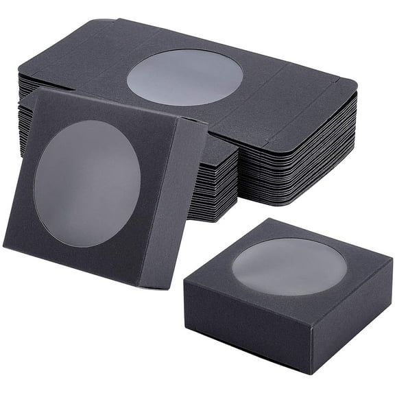 24 Pack Kraft Paper Boxes with Clear Window 3x3x1.2 Black Kraft Gift Packaging Boxes for Bakery Cookies Cake Candy Wedding Party Festival Gift Packaging for DIY