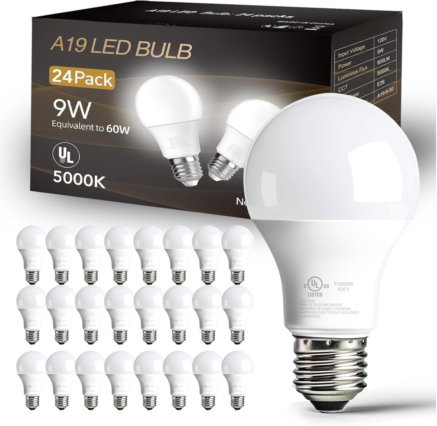 24 Pack LED Bulbs Daylight White 5000K 60 Watt Equivalent A19 Standard Bulbs E26 Base 800 LM Efficient 9W Energy Saving Non-Dimmable 80+ CRI 120V UL Listed for Living Room Office