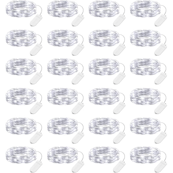 24 Pack LED Fairy Lights Battery Operated 7 ft 20 LED String Light Waterproof Silver Wire Firefly Starry Lights for Crafts Wedding Party Bedroom (White)