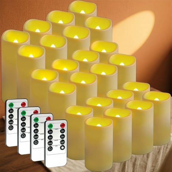 24 Pack LED Flameless Candles (Ivory) - Slim Tall Pillar, Plastic Flickering, 2 Remote Controls, for Wedding HalloweenBirthday Decor