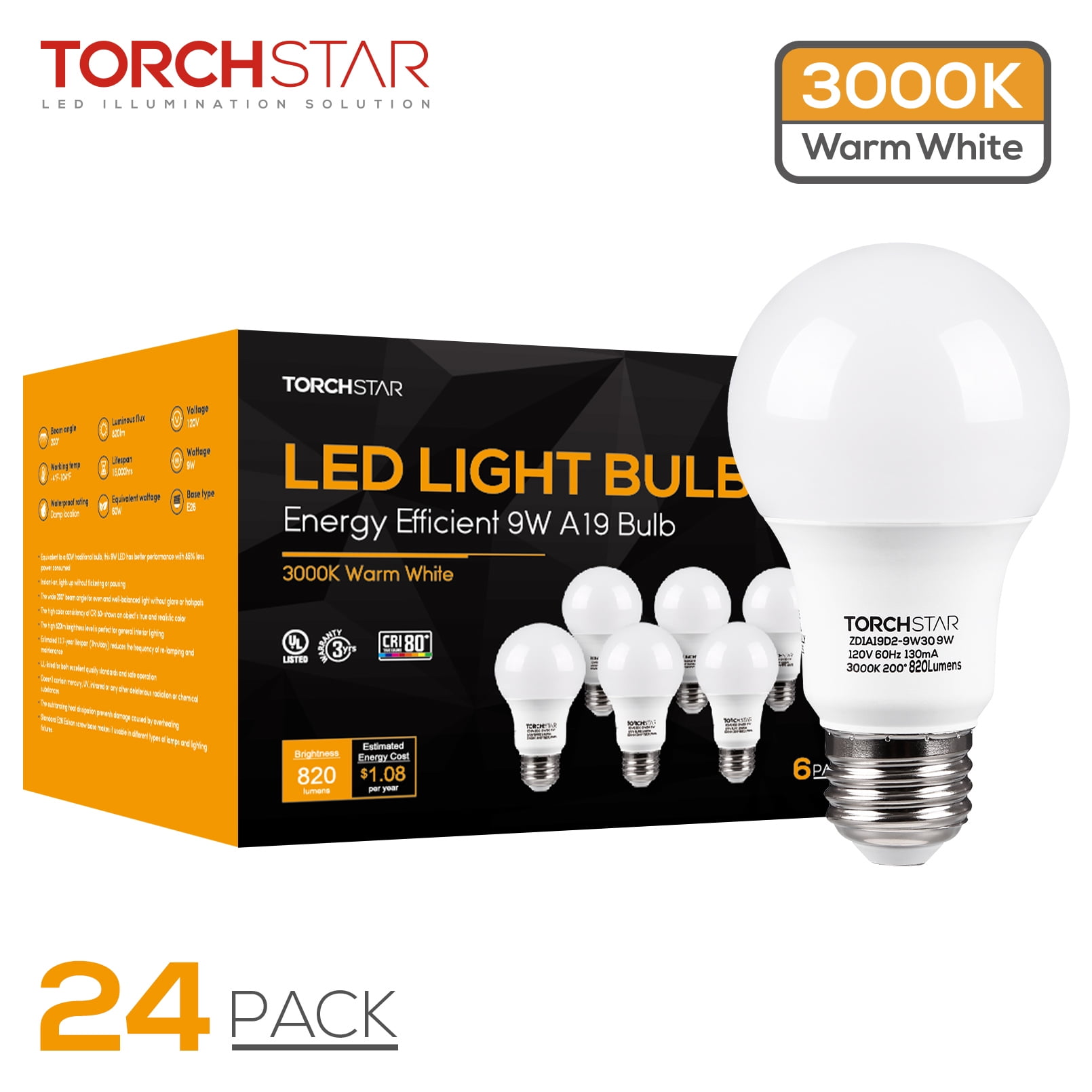 Torchstar 24 Pack LED Light Bulbs 3000K Warm White 120V 9w=60w Non-Dimmable E26 Medium Screw Base