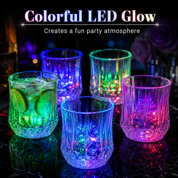 24 Pack LED Light Up Cups with Bottom Switch, Multicolor Glowing Crystal-Style Beverage Cups, Clear Faceted Party Drink Cups for Birthday, Wedding, Holiday, Bar, Event Decorations