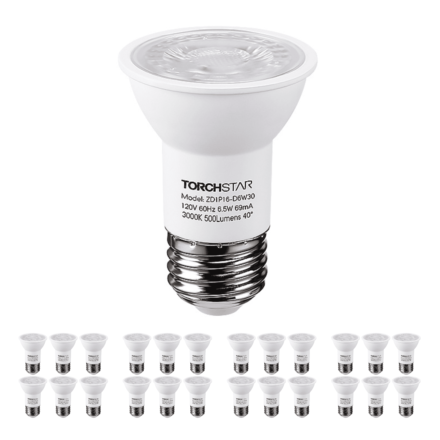 24 Pack LED PAR16 Spot Light Bulbs, 6.5W(50W Eqv.) 500lm E26 Medium Base Dimmable Spotlight, 40° Beam Angle, UL Listed Track Light Bulb, 3000K Warm White