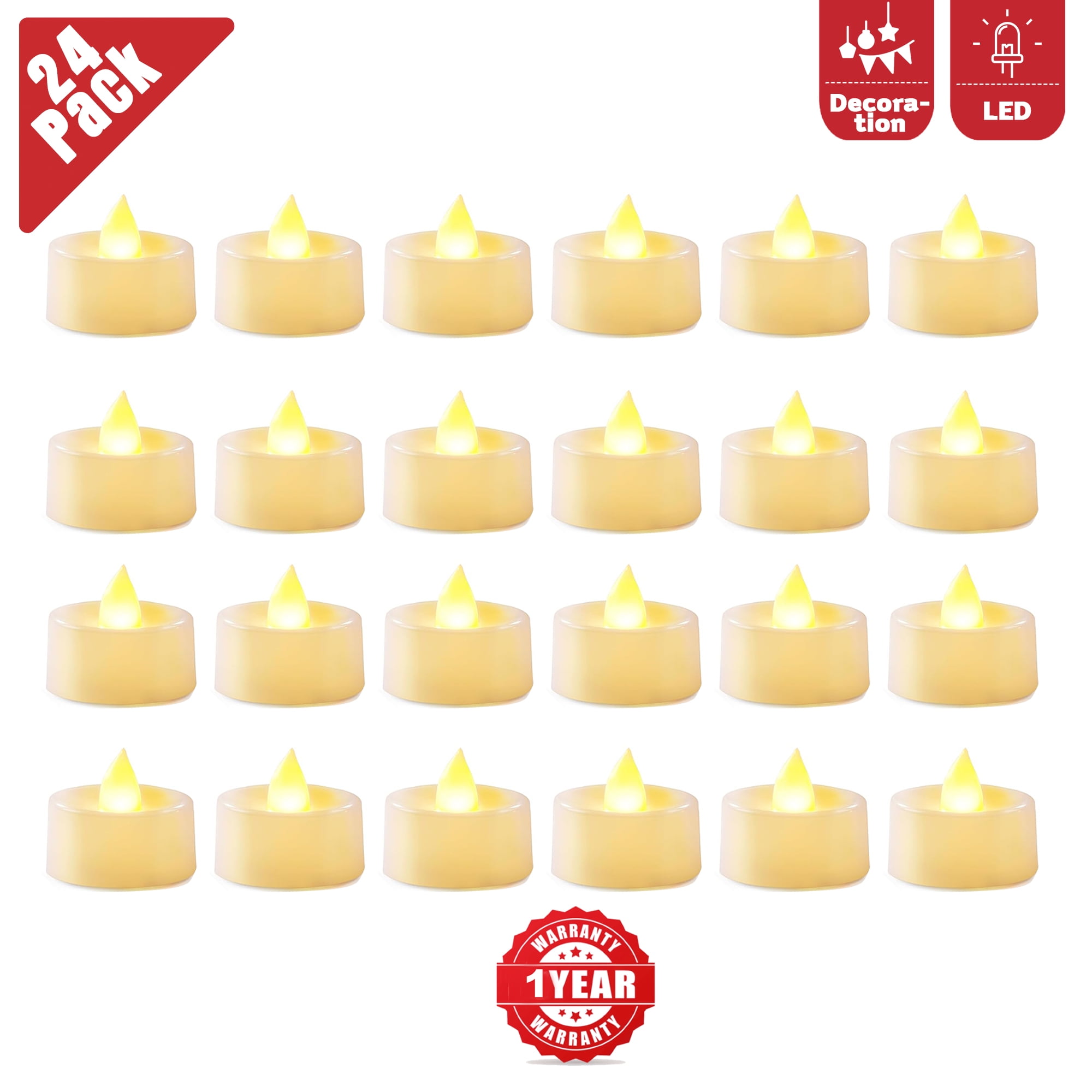 24 Pack LED Tea Light Candles, Realistic Tealight Flameless Battery Powered Mini Candles, Warm Yellow