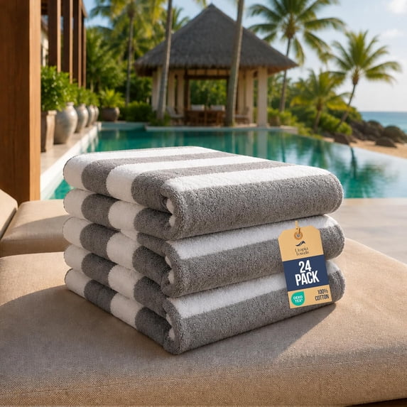 24-Pack Large Beach Towel Set, 30" x 60" for Pool & Resort, Grey