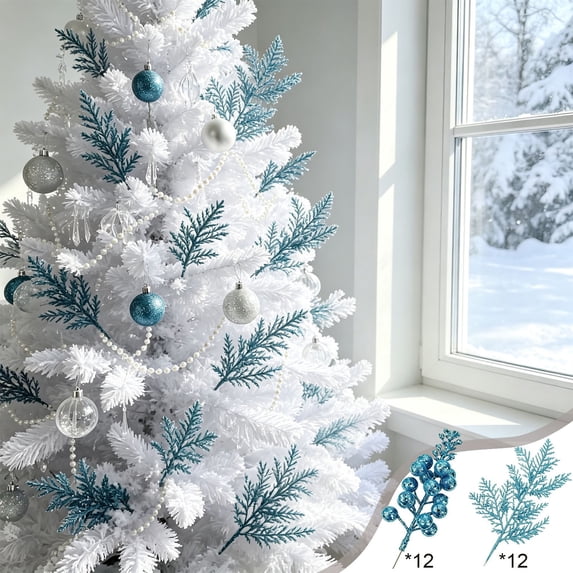 24‑Pack Light Blue Glitter Artificial Sprigs & Berry Picks, Plastic Floral Picks for Xmas Tree Wreath Garland Vase Christmas Holiday Party Decor