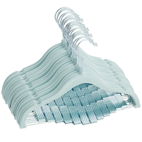 Juvale 24-Pack Light Blue Velvet Hangers - Kid Hangers with Clips - 360 Degree Swivel Hook & Space-Saving Design - 12 x 8 in, Light Blue