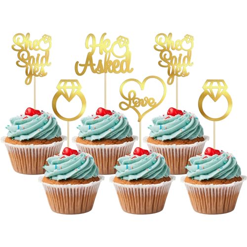 24 Pack Light Gold Glitter He Asked She Said Yes Cupcake Toppers Diamond Ring Heart Love Cake Picks for Wedding Engagement Party Cake Decorations