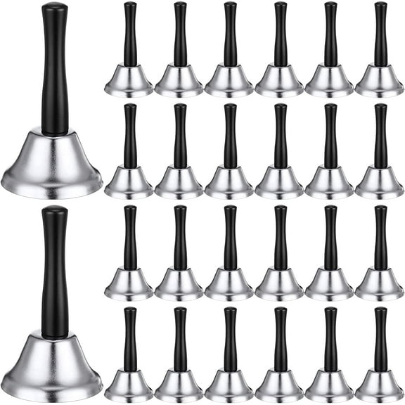 24 Pack Loud Hand Bell Metal Hand Held Bells for Adults Silver Steel Dinner Call Service Wedding Bells with Black Wooden Handle Care for Home Pets Classroom School Church Alarm Food Line Decor