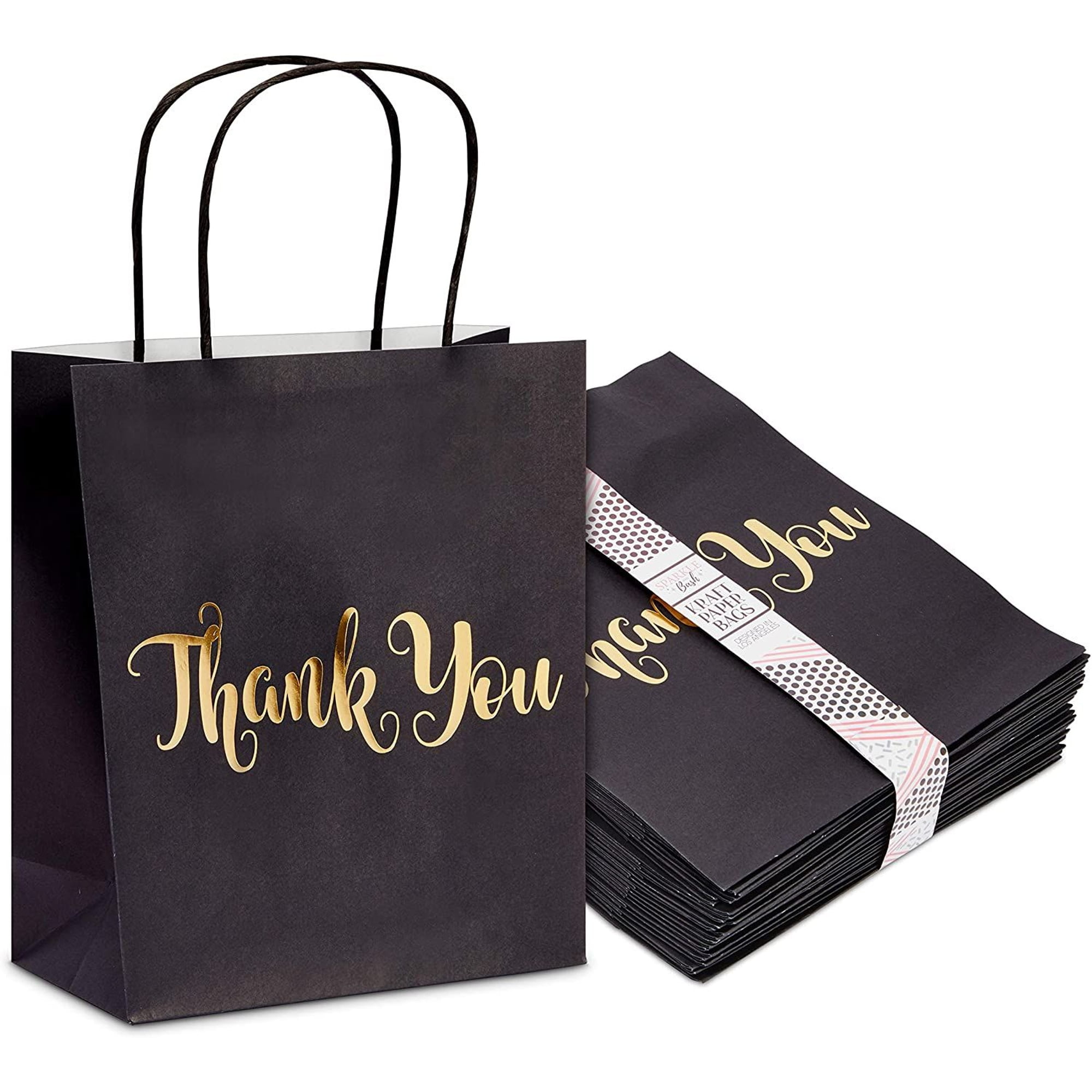 24 Pack Medium Black Thank You Party Favor Paper Goodie Gift Bags with Handles Gold Foil
