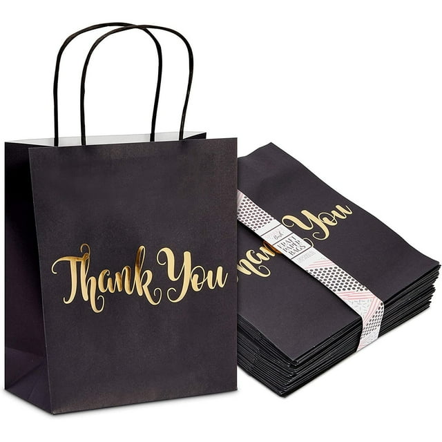 24 Pack Medium Black Thank You Party Favor Paper Goodie Gift Bags with