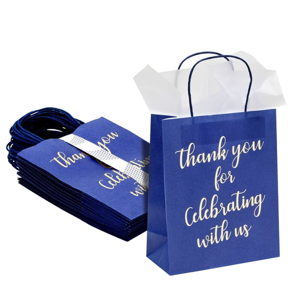 24 Pack Medium Navy blue Gift Bags, Wedding & Birthday Party Favor Bag with Handles & Tissue Paper, Thank You for Celebrating with Us, 8x10x4 in